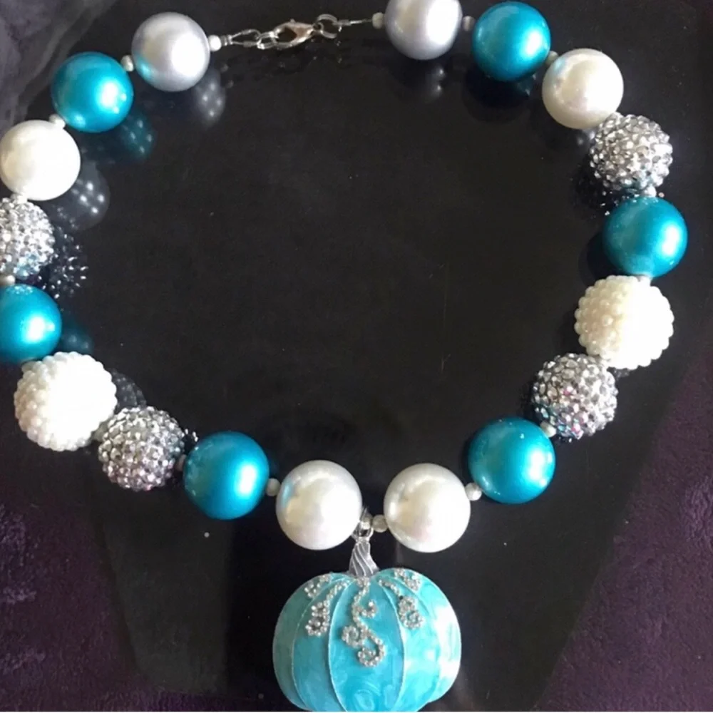 Turquoise White and Silver large bead necklace for girls